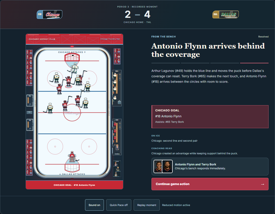Actual development-build view of Chicago playing Dallas, with the score, animated rink presentation and commentary.